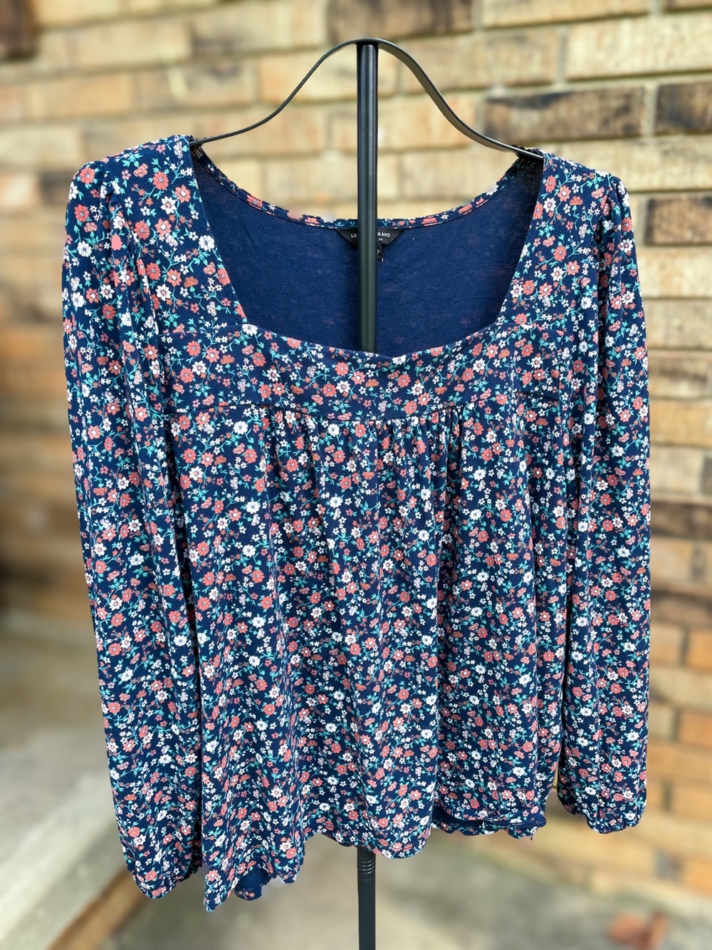 Lucky Brand Navy Floral Bell Sleeve Peplum Top XXL